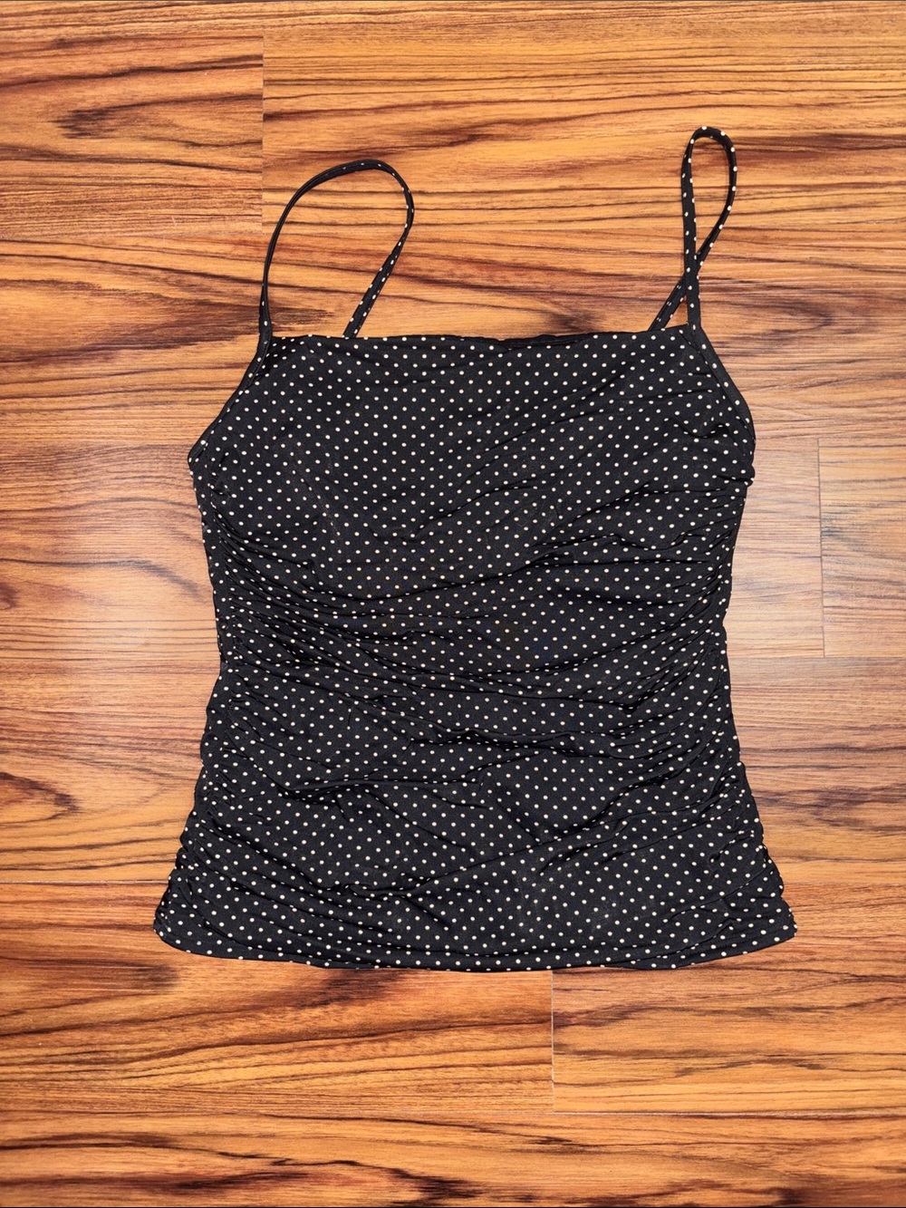 Vintage Miraclesuit Black Polka Dot Ruched Spaghetti-Strap Cami